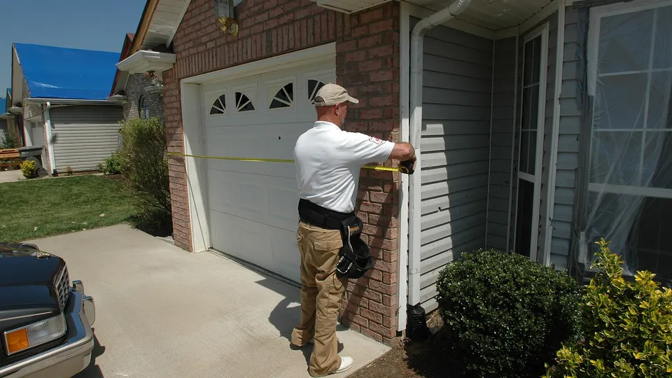 Insurance adjuster measuring a storm-damaged home