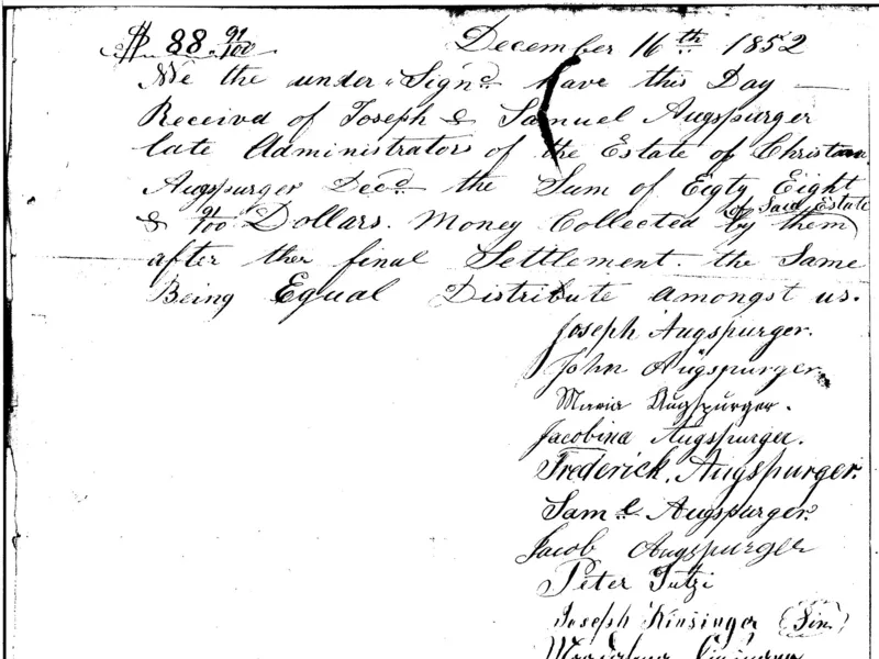 Handwritten 1852 receipt from the final settlement of an estate